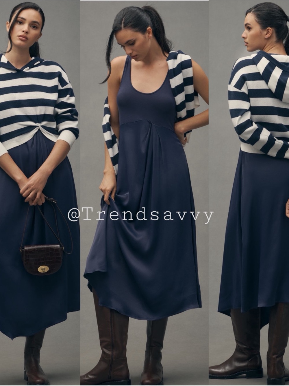 Anthropologie Gemini Twofer Navy Midi Dress Striped Hooded Sweater 2 Piece Set S